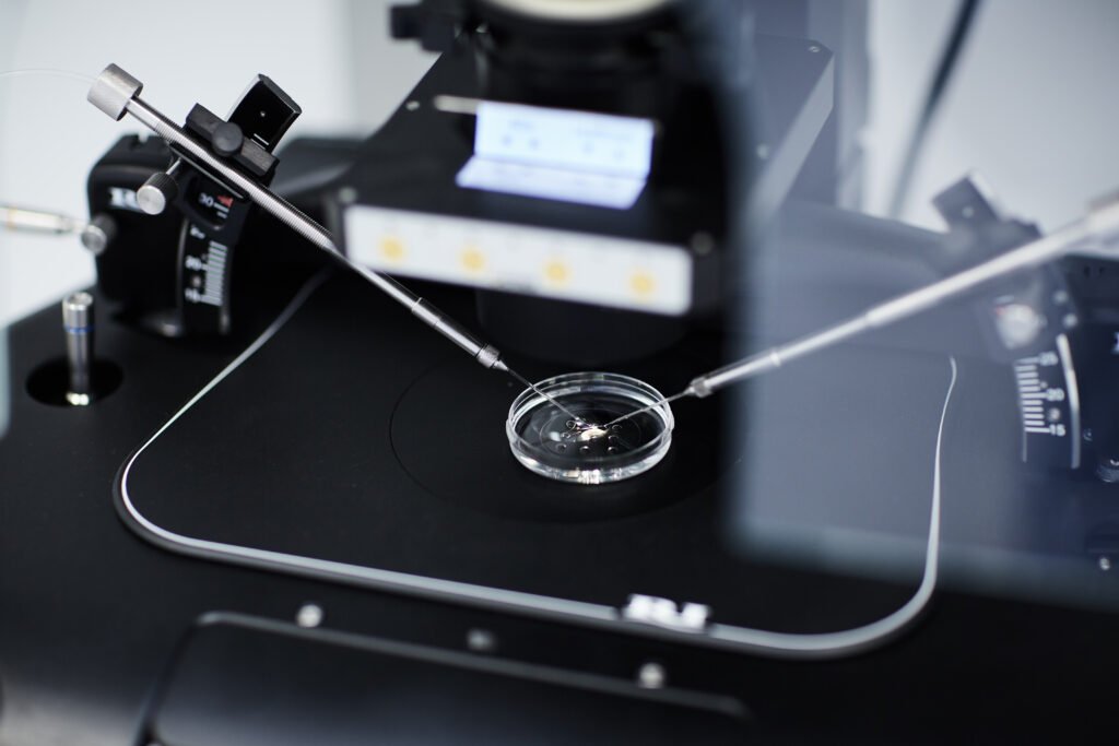 A microscope detail in the laboratory of Gyncare Clinic in Slovakia – advanced equipment for in vitro fertilization procedures.