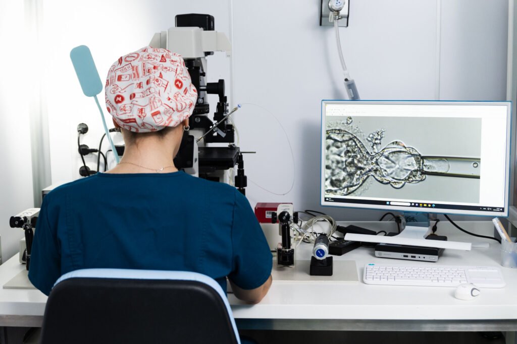 An embryologist at the Embryolab clinic in Thessaloniki performs egg fertilization in the laboratory