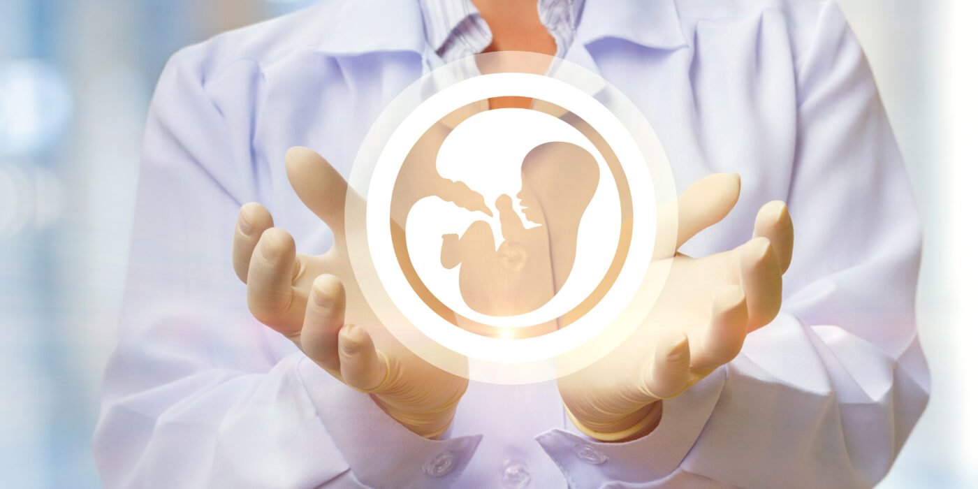 A doctor in a white coat and sterile gloves holds a symbolic hologram of an embryo in their hands, representing the in vitro fertilization and embryo transfer process.