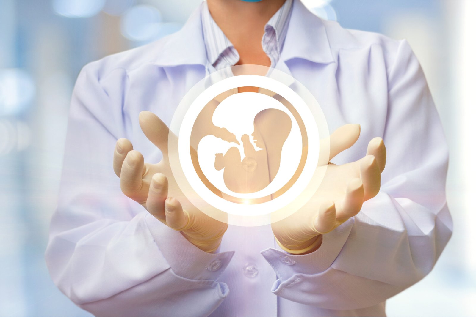 A doctor in a white coat and sterile gloves holds a symbolic hologram of an embryo in their hands, representing the in vitro fertilization and embryo transfer process.