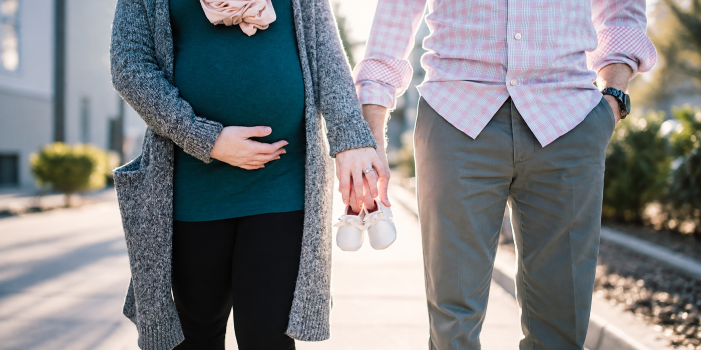 woman and man holding hands and walking in the nature woman is pregnant
