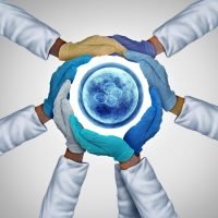 Step by step A team of doctors in gloves holds a symbolic cell, representing the collective effort in the in vitro fertilization process